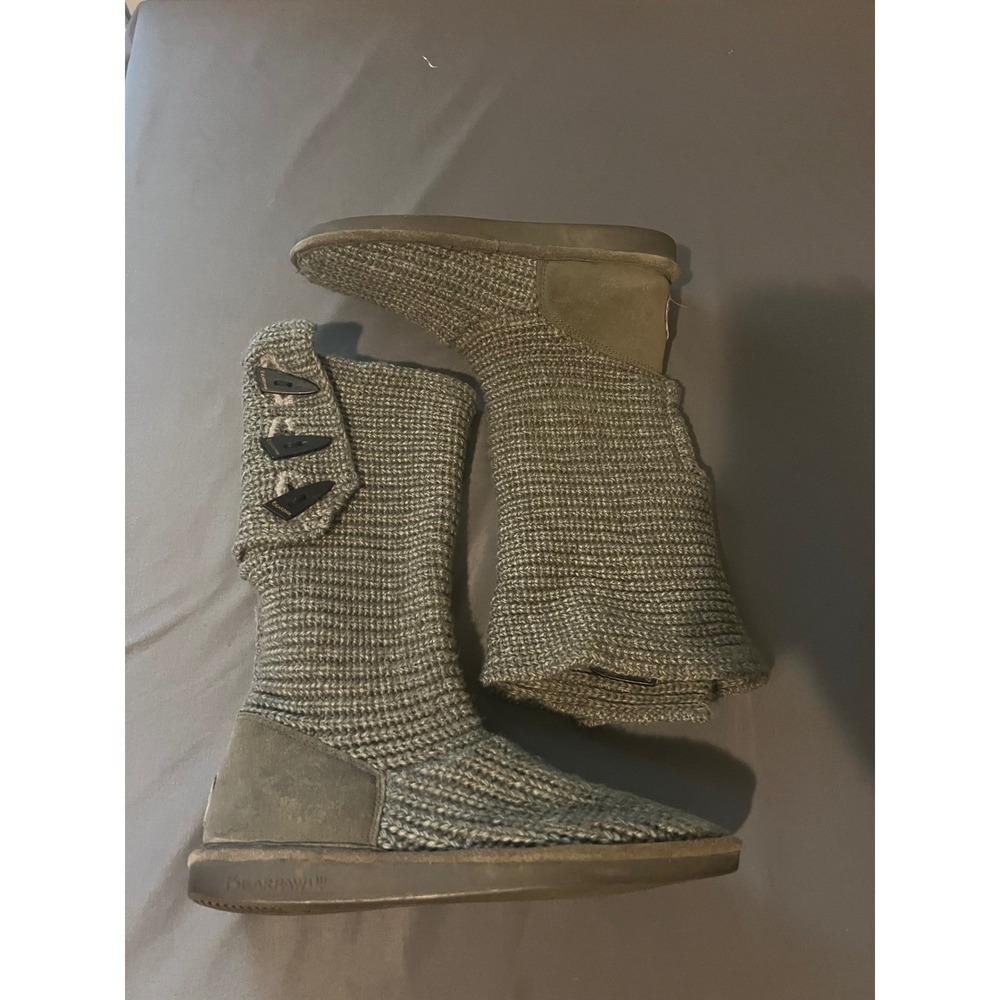 Bearpaw Womens Knit Tall Boots Gray Toggle Button Suede Heel Winter Boots Size 9